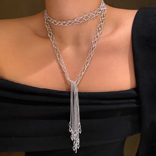 Long Lace Tassel Layered Sweater Necklace