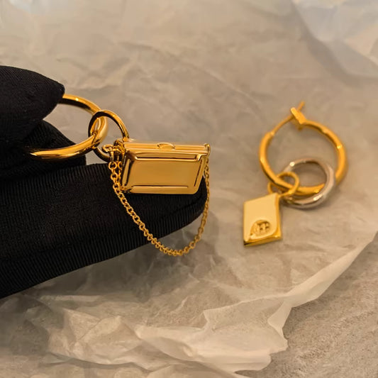 Mini Purse Two-Tone Gold & Silver Chain Leather Asymmetrical Earrings