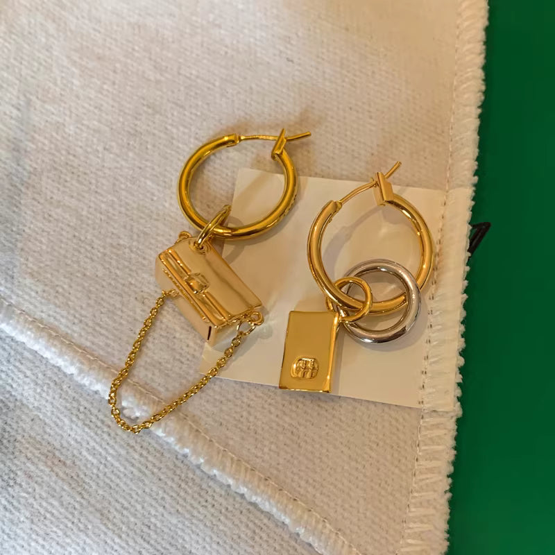 Mini Purse Two-Tone Gold & Silver Chain Leather Asymmetrical Earrings