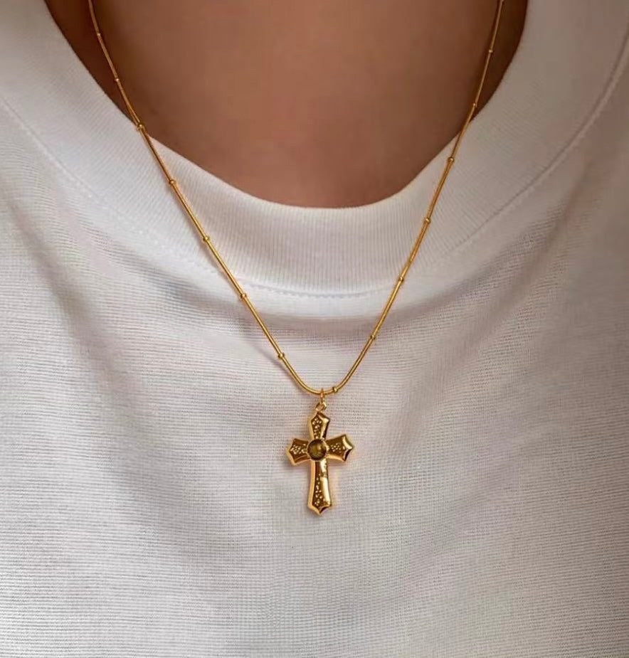 Gold Cross Fire Zircon Vintage Necklace
