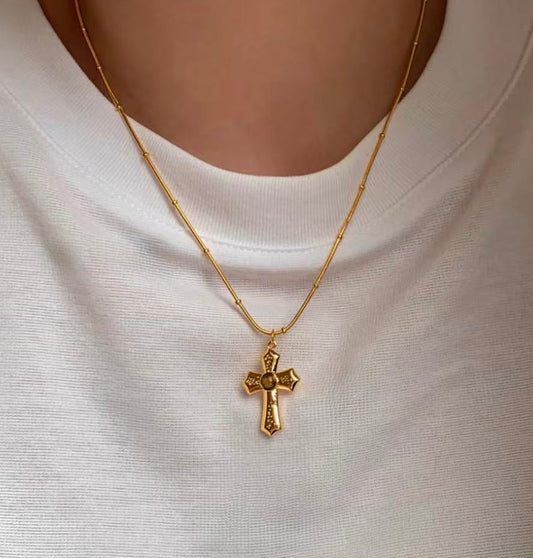 Gold Cross Fire Zircon Vintage Necklace