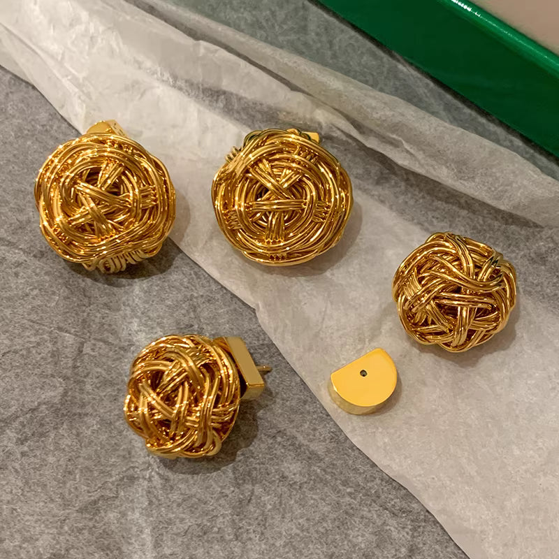 Metal & Yarn Ball Stud Earrings