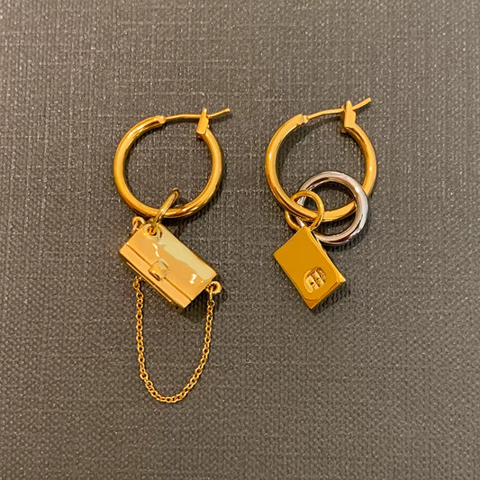 Mini Purse Two-Tone Gold & Silver Chain Leather Asymmetrical Earrings