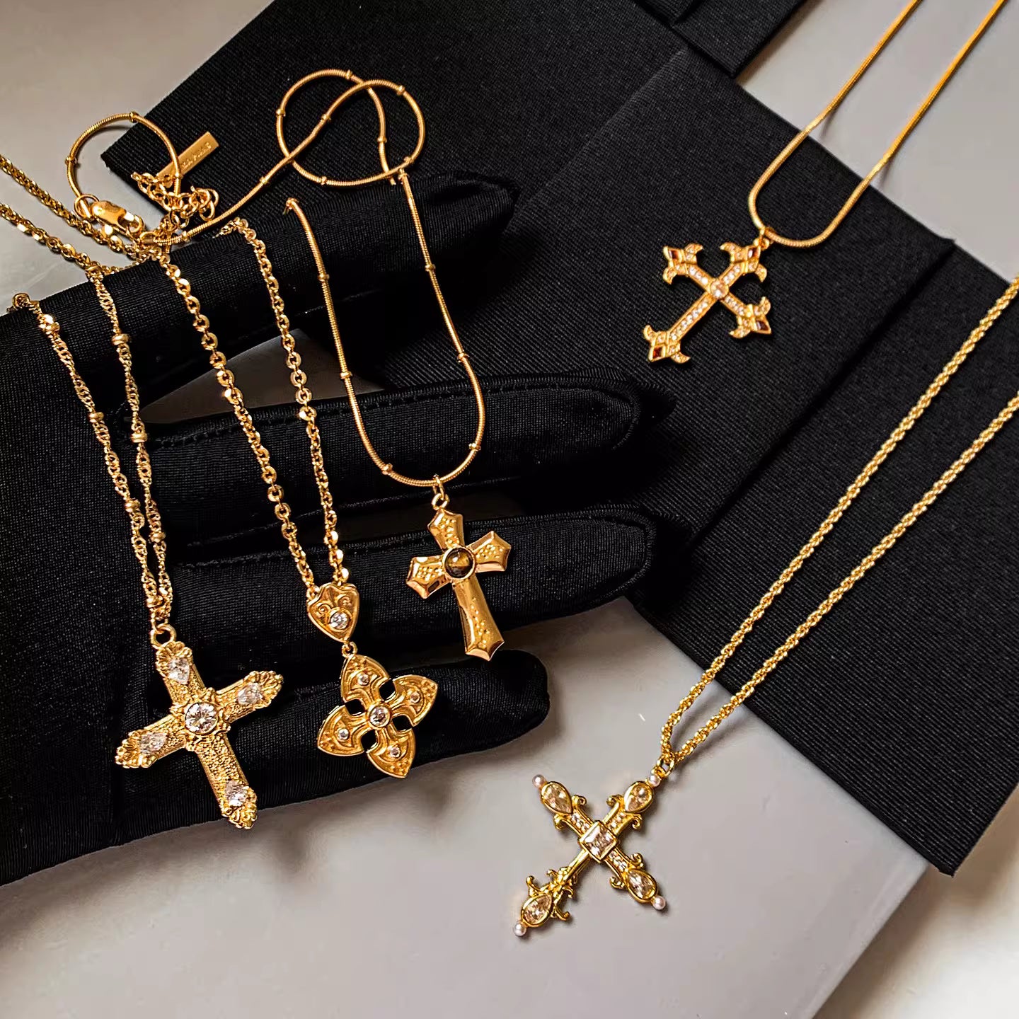 Gold Cross Fire Zircon Vintage Necklace