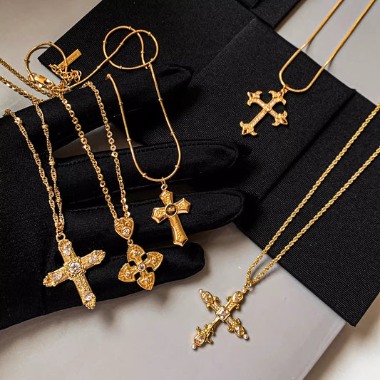 Gold Cross Fire Zircon Vintage Necklace