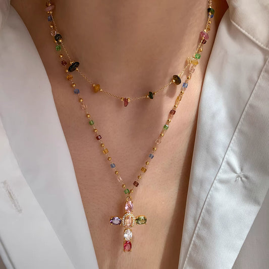 Tourmaline Beaded Colorful Gemstone Cross Necklace
